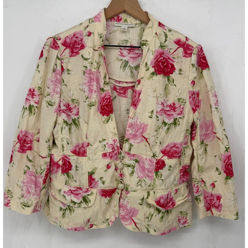 Banana Republic Linen Cotton Blazer Vintage 12 Floral Shabby Chic Cottagecore